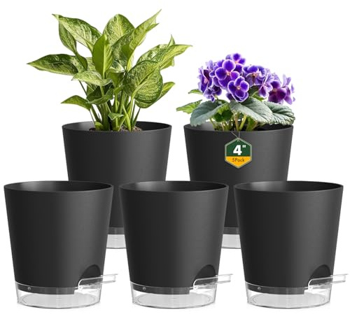 Homeuouz 5er Set Selbstbewässerungstopf 10cm – Kleine Blumentöpfe & Übertöpfe mit Untersetzer in Matt für Zimmerpflanzen & Küche, Perfekt als Kräutertopf, Schwarz-Klar