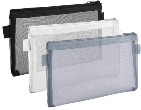 OUDQFCJ Lot de 3 Trousses Transparentes en Nylon Maille, Pochette Tissu Zippée, Petite Trousse Polyvalente pour École, Bureau, Maquillage, Rangement (Transparent)