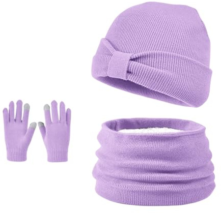 Enwokran 3 Stück Kinder Wintermützen Handschuhe Schal Set Beanie Mütze Knoten-Bogen Warme Gestrickte Touchscreen-Handschuhe Loop Schlauchschal für Jungen Mädchen 3-8 Jahre Outdoor Aktivitäten
