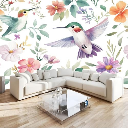 Bianco Carta Da Parati 3D Piante Fiori Uccelli Acquerello Poster Decorazione Da Muro Gigante Murale 200 X 140 Cm Per Soggiorno Camera De Letto Sala Ufficio