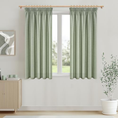 MRTREES Leinen Gardinen Kräuselband für Küche Wohnzimmer Modern Kurz Fenster Vorhang für Schiene Leinenoptik Salbeigrün Halbtransparent Vorhänge Schlafzimmer 2er Set H 137 x B 140 cm