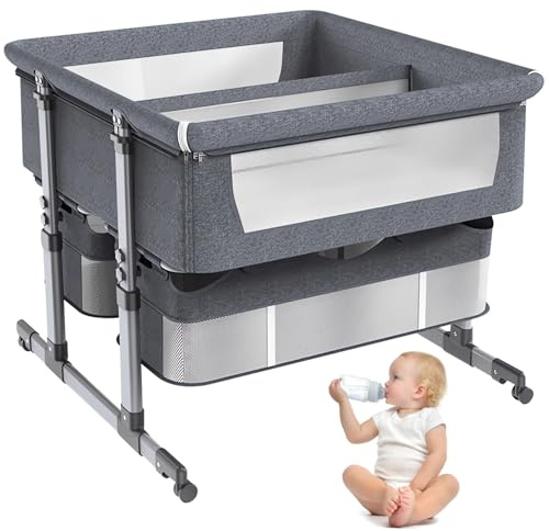 Cama para Bebé Gemela,Cuna de colecho con Colchón con 6 Ajustes de Altura,Plegable Cuna de Noche con Rampa Antirreflujo,Separador Extraíble y Ruedas Silenciosas,para Bebés de 0 a 3 Años (Gris)