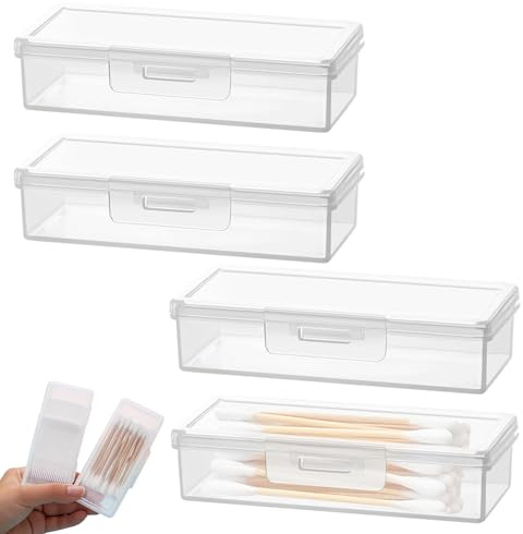 PacuM 4 Pcs Cotton Swab Container Transparent Plastic Cotton Bud Holder Small Makeup Organizer Dust Proof Dressing Table Organiser Portable for Storing Swabs Dental Floss Toothpicks