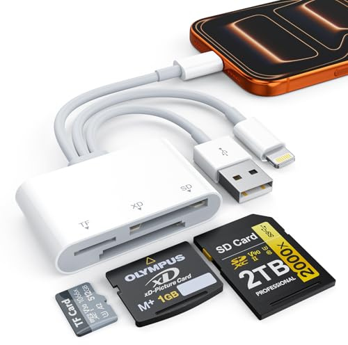 Lecteur de cartes XD, lecteur de carte mémoire SD pour iPhone, Lightning+USB A + USB C vers SD/TF/XD, adaptateur d'appareil photo numérique 3 en 1 pour iPhone 17/16/15/14/iPad/PC/Android Multi iPhone