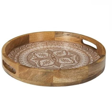 Plateau rond en bois de manguier avec motif mandala brun (Ø35cm) - MANGO