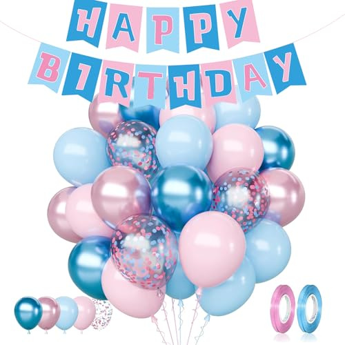 Lot de 33 ballons roses et bleus de 30,5 cm, décorations d'anniversaire, ballons confettis rose pastel bleu et bannière « Happy Birthday » pour révélation du sexe, fête prénatale, mariage, fête