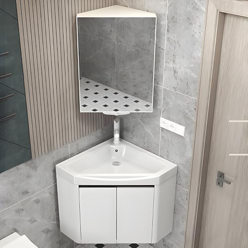 Meuble de salle de bain d'angle suspendu avec lavabo en céramique et miroir, ensemble combiné pour petits espaces(White,48cm/18.8in)