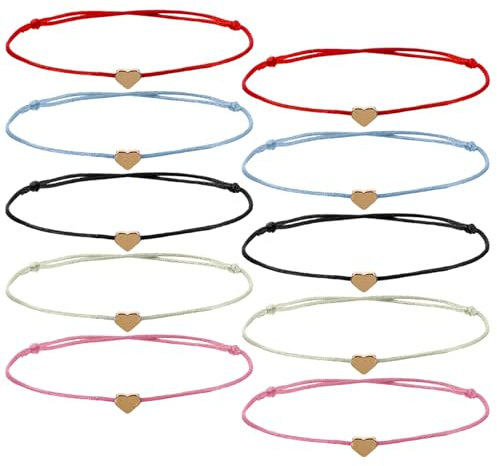 Skrfren 10 pulseras de la amistad con corazón, pulseras de cuerda de corazón, pulsera de filigrana con corazón, tamaño ajustable, pulsera de corazón, pulsera de amistad para mujeres y niñas