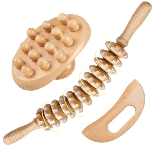 Faszienstab Set aus Premium-Buchenholz，Massageroller-Set mit Faszienrolle, Körperbürste & Gua-Sha-Brett, für Lymphdrainage, Cellulite-Massage und Durchblutung.Massageholz für Rücken, Beine und Körper.