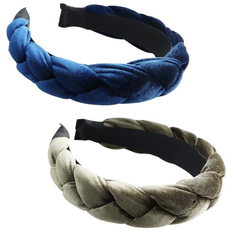 2 Pcs Bandeaux Tressés Pour Femmes, Velours Serre Tête Femme, Rétro Et Exquis Bandeaux Mode Pour Femmes, Headband Convient Aux Femme Et Aux Filles(Vert Rétro, Bleu Profond)