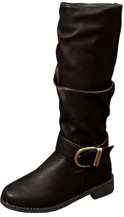 Cowboystövlar dam eleganta, knähöga stövlar dam med klack, västerländska stövlar med dragkedja på sidan slip-stövlar trendiga skaftstövlar med bältesspänne damstövlar enfärgade vinterstövlar, svart