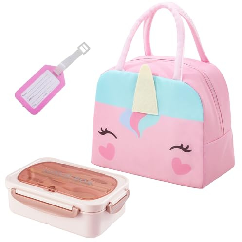Lunch Box Set for Kids Adults, Leakproof Bento Box with 3 Compartments & Cutlery, Lunch Bag & Label, BPA Free, Microwave & Dishwasher Safe Meal Prep Container for Travel Picnic School Office, Pink