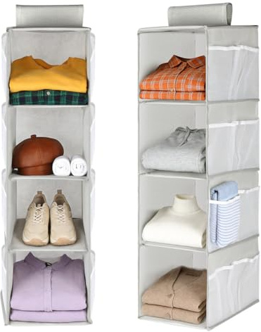 AOOWU Hanging Wardrobe Storage Organiser, 4 Shelves Wardrobe Closet Organiser with Side Pockets, Over Door Organizer, Closet Hanging Shelf, Foldable Wardrobe Clothes Organiser for Bedroom Nursery