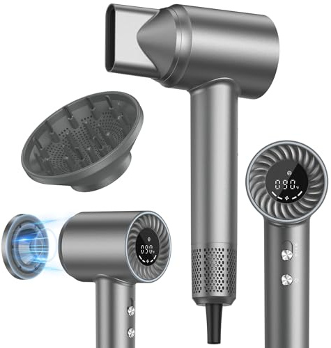 Hair Dryer, 150000 RPM Brushless Motor with 500M Negative Ions, Fast-Dry Lightweight Design, ThermoControl & Magnetic Nozzle/Diffuser, Low Noise Salon Blow Dryer for All Hair, Travel, Home