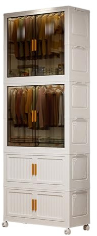 Crevyteg Kleiderschrank, Schrank 60 * 34 * 182.5cm, Einfache Montage, Faltbarer Mehrzweckschrank mit 2 Aufhängung und 2 Aufbewahrungsplätze, Magnettüren & Rollen, für Wohnzimmer Schlafzimmer