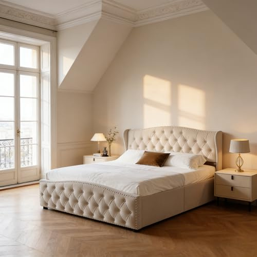 Lit Coffre 160x200 avec Sommier à Lattes, Lit Double Rembourré en Velours Beige, Tête de Lit Design Ondulé, Grand Espace de Rangement Hydraulique, Cadre de Lit Moderne pour Chambre Adulte