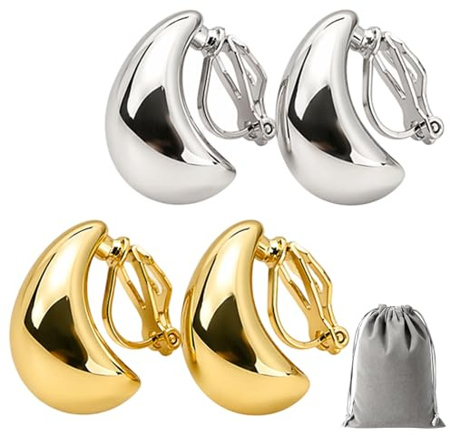 5PCS Gold Clip On Earrings for Women, Silver Clip On Earrings Set, Non Piercing Ear Clips Fashion Jewelry for Daily and Party Wear