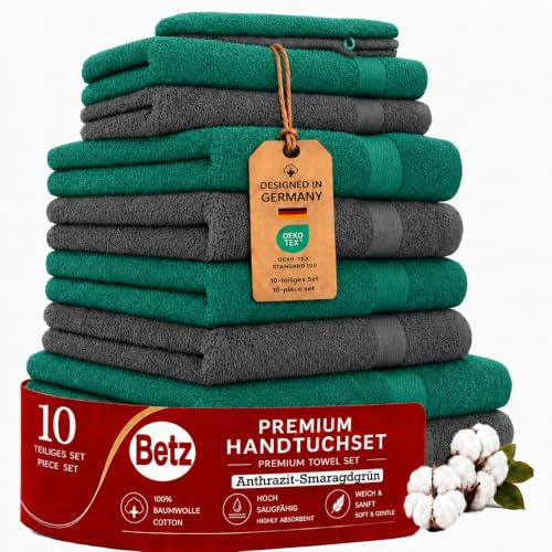 Betz Premium Handtuch-Set 10-teilig – 100% Baumwolle – Oeko-TEX® Zertifiziert – saugfähig&weich – 470g/m² – Duschtücher, Handtücher, Gästetücher & Waschhandschuhe – Farbe Anthrazit & Smaragd