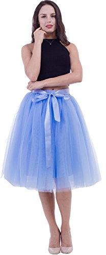 FOLOBE Dam Tutu-kjol midi tyllkjolar 7 lager underkjol knälång underkjol, Lakeblue, one size