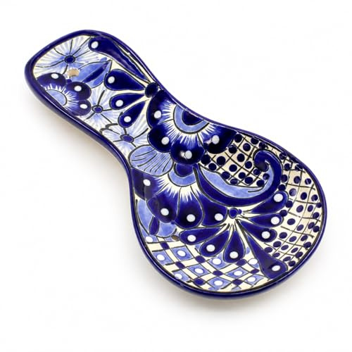 Blue and White Talavera Ceramic Spoon Rest for Stove Top & Kitchen Counter – Hand-Painted Large 10 Utensil Holder – Lead-Free, Dishwasher Safe – Handmade in Mexico –Porta Cucharas Azul Blanco