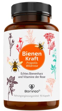 BonVigo® Propolis Kapseln Bienenkraft - Unser PLUS: Wirkung erweitert durch Vitamine der Rose - Pflanzlich reines Vitamin C der Hagebutte: Für Immunsystem und Zellschutz, gegen Müdigkeit* (1)