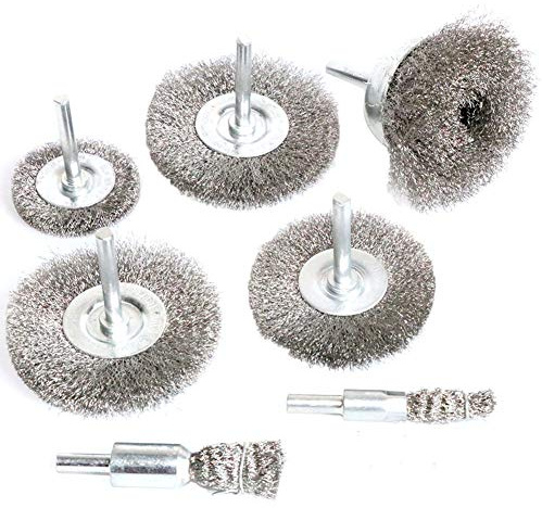 FPPO Stainless Steel Wire Wheel Brush & Crimped Cup Brush Kit for Drill,Fine Wire Diameter 0.0059 Inch,for Rotary Tool with 1/4-Inch Shank,Removal of Rust,deburring,Paint (7pcs)