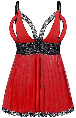 EVELIFE Lingerie Donna Sexy Pizzo Floreale Taglie Forti Babydoll e G-String Set Scollo a V Camicia da Notte Trasparente Completo Intimo Biancheria da Notte (Rosso XXXL)