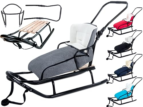 GagaDumi Oslo Schlitten aus Metall mit Rücklehne mit Sicherheitsgurte Schubbügel und Fußsack Babyschlitten Rodel Ideal für Kinder und Erwachsene Belastung bis 120 kg Grau