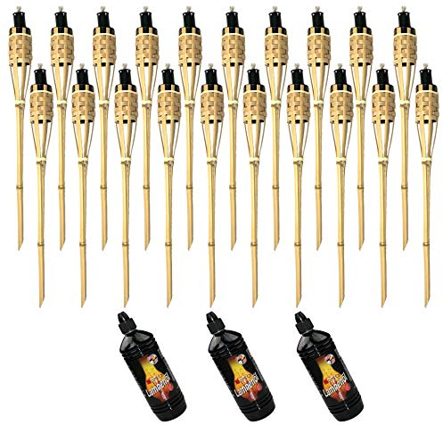 20x Bambusfackeln Fackel Deluxe 60 cm standard natur + 3x 1000ml Lampenöl Gartenfackel Ölfackeln Garten Deko Öllampe Wegleuchte
