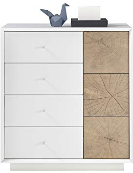 Robas Lund Wohnzimmerschrank Kommode weiß matt, Wohnzimmerschrank mit Absetzung Eiche Hirnholzoptik, BxHxT 76x83x40 cm