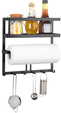 WENKO Multifunktionsregal Mod. Gala, Küchenregal zur platzsparenden Aufbewahrung von Küchenutensilien, inkl. Küchenrollenhalter & Reling mit 6 Haken, pulverbesch. Flachstahl, 30 x 33 x 9 cm, Schwarz