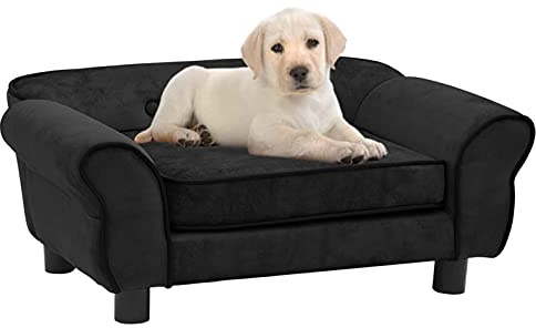 Tidyard Hundsoffa med ryggstöd hundsäng hundsoffa kattsoffa träben plysch 72 x 45 x 30 cm svart