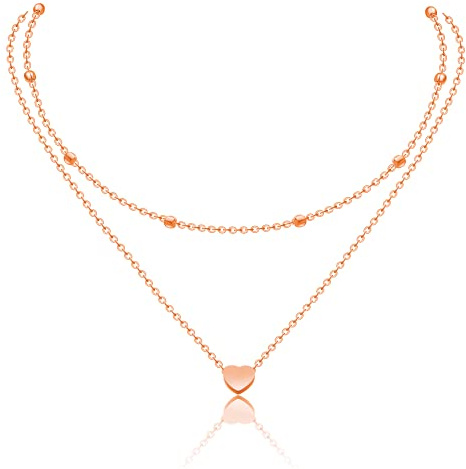 AFSTALR Dam-Layered kedja silver/rosaguld/guld flerskiktshalsband dubbelkedja för kvinnor kulkedja med hjärta, Rostfritt stål,