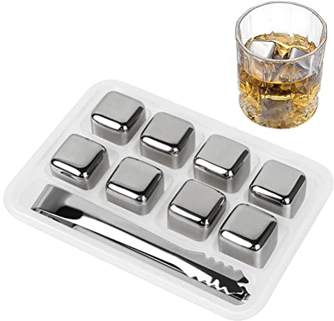 Eiswürfel-Wiederverwendbar Eiswürfel-Steine, 8 Stück Edelstahl-Kühlsteine mit kostenloser Zange und Gefrierfach Gin-Eiswürfel Kühlsteine Tablett Geschenksets für Weihnachten Neujahr Geburtstag