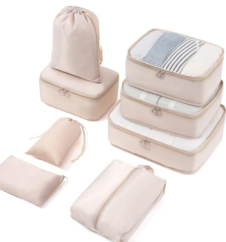 Meowoo 8-teilig Koffer Organizer Set, Packing Cubes, Packwürfel für Urlaub & Business, Reise Organizer mit Kleidertaschen, Gepäck Aufbewahrung Taschen, Ordnungssystem für Koffer (Beige)
