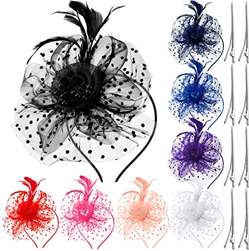 Yunsailing 8 Pcs Fascinators Hats for Women Tea Party Derby Hats Veil Feathers on a Headband and a Clip(Classic Color)
