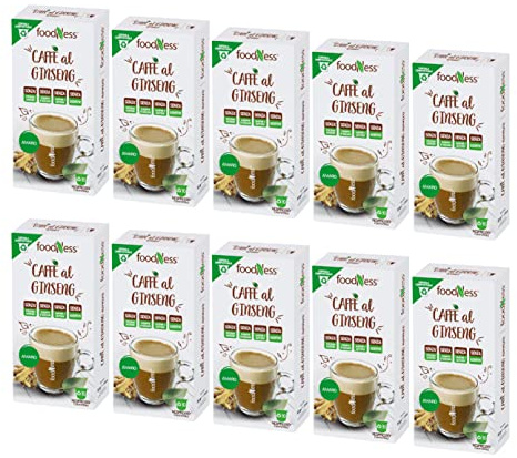 Foodness - 10 Box da 10 Capsule di Ginseng Amaro, Capsule Compatibili con Sistema Nespresso, Preparato in Polvere Senza Additivi, Senza Glutine, Lattosio, Grassi Idrogenati e Zuccheri Aggiunti