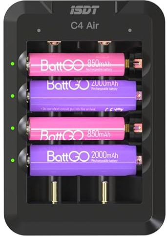 ISDT C4 AIR - Caricabatterie per batterie ricaricabili AA/AAA NiMH NI-Cd agli ioni di litio, LiHv e LiFePO4 18650 18700 26650, ricarica rapida + Type-C QC 3.0