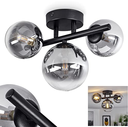 HOFSTEIN Deckenleuchte Chehalis, 3-flammigeDeckenlampe aus Metall/Glas in Schwarz/Rauchfarben, Leuchte im Retro/Vintage-Design, Ø Schirme 10; 12 cm, G9, Esszimmer, Schlafzimmer, Wohnzimmer, Küche