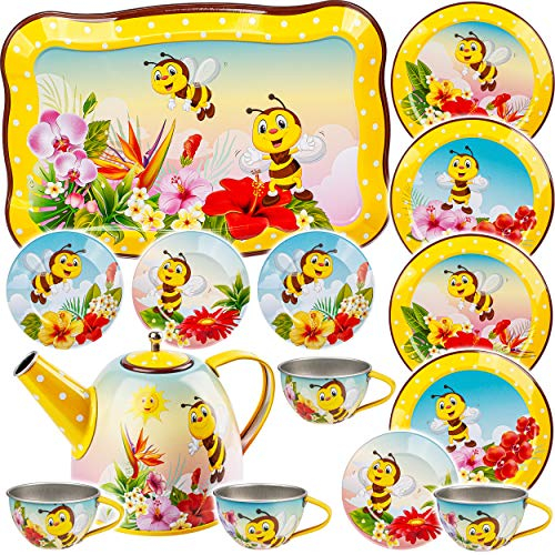alles-meine.de GmbH 15 TLG. großes Set Puppengeschirr/Kaffeeservice & Teeservice - süße Bienen & Tiere - Tablett & Geschirr aus Blech - Metall - Blechgeschirr - Kinderküche -..