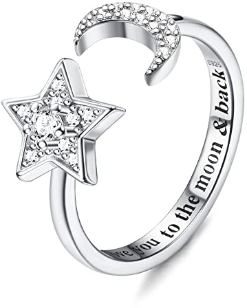 KRFY Sterling Silver Rings for Women Girls Kids Adjustable Love You to The Moon and Back Rings Cubic Zirconia Open Knuckle Thumb Fidget Ring Jewellery