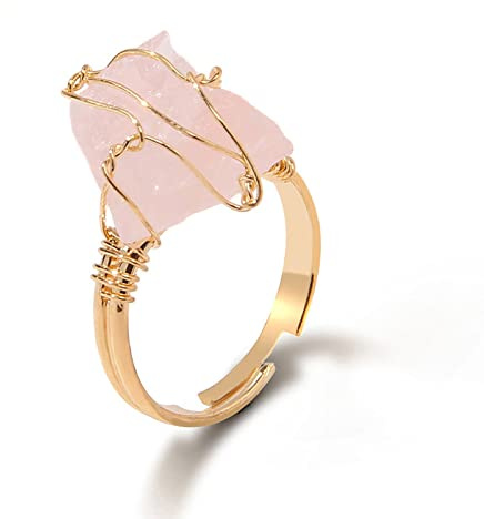 LODMLOER Irregular Rose Quartz Stone Ring-Women Full Wire Wrapped Fluorite Gold-color Resizable Reiki Crystal Jewelry,Handmade Cocktail ring for Party Wedding Jewelry