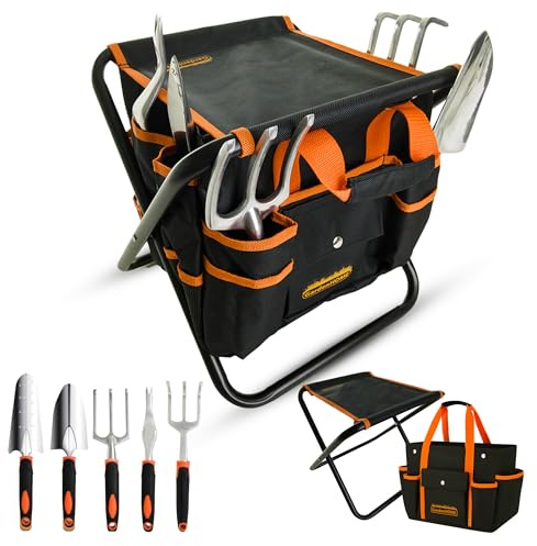 GardenHOME Kit pour Le Jardin 7 Pièces - Tabouret Pliable Robuste, Outils en Cadeau pour Jardinage Femmes, Hommes, Enfants, Sac Détachable