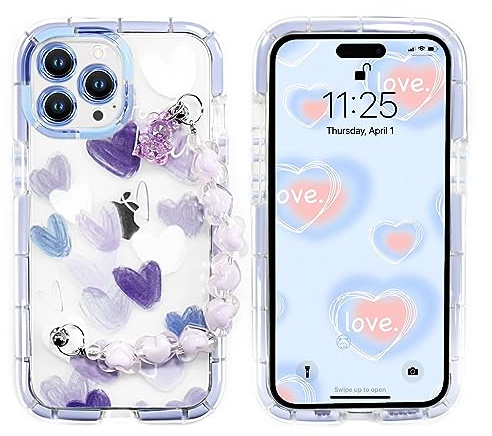 YEPO For iPhone 14 Pro Max Case Cute Wrist Strap Women, Purple Heart Design Soft TPU Shockproof Protective Clear Phone Cases for iPhone 14 Pro Max Girls Lady