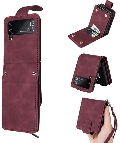 QLTYPRI Étui pour Samsung Galaxy Z Flip 3 5G, étui portefeuille en cuir de grande capacité, 2 porte-cartes et 1 poche zippée, dragonne, housse de protection magnétique pour Samsung Z Flip 3 5G -