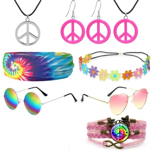 iZoeL Costume Hippie Accessori Hippie di Coppie - Occhiali da Sole Orecchini Collana Peace Fasce per Capelli - Anni 70/Anni 80/Discotec/Carnevale/Halloween Accessori Uomo Donne