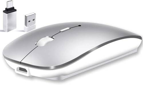 Qxvnm Trådlös mus Bluetooth, (USB 2,4 GHz + Bluetooth 5.2 + USB-C-adapter) uppladdningsbar trådlös mus för Macbook Pro/Air/Mac/iPad/Laptop/Chromebook/dator/Android-surfplatta (silver)