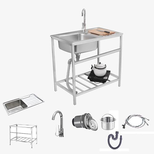 Spüle Küchenspüle mit Unterschrank Mobiles Waschbecken Spülbecken Edelstahl Spültisch Ausgussbecken mit Wasserhahn Ablauf-Set Halterung Für Camping Restaurant Outdoor Waschküche ( Color : Hot and cold
