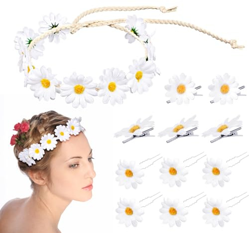 TIESOME Blumen Haarband, Damen Sonnenblumen Stirnband, Blume Haar Kranz Braut Kopfschmuck Haarband (1pc Gänseblümchen-Stirnband 5pcs Haarnadeln 6pcs Haargabeln) für Hochzeit Geburtstag Party (weiß)