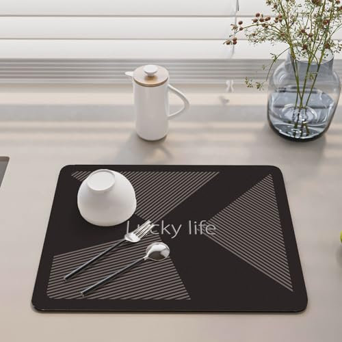 Hixingo Súper Absorbente Bayeta Escurreplatos, Antideslizante Dish Drying Mat Nórdico Moderno Alfombra Escurreplatos，Diatomita Alfombrilla Cafetera (40x60cm,Negro)